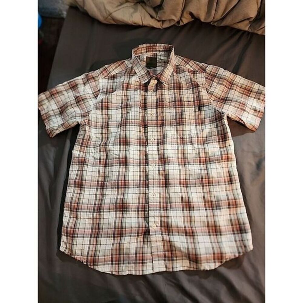 prAna Shirt Mens Large Button Front Pink Grey Cream Plaid Textured